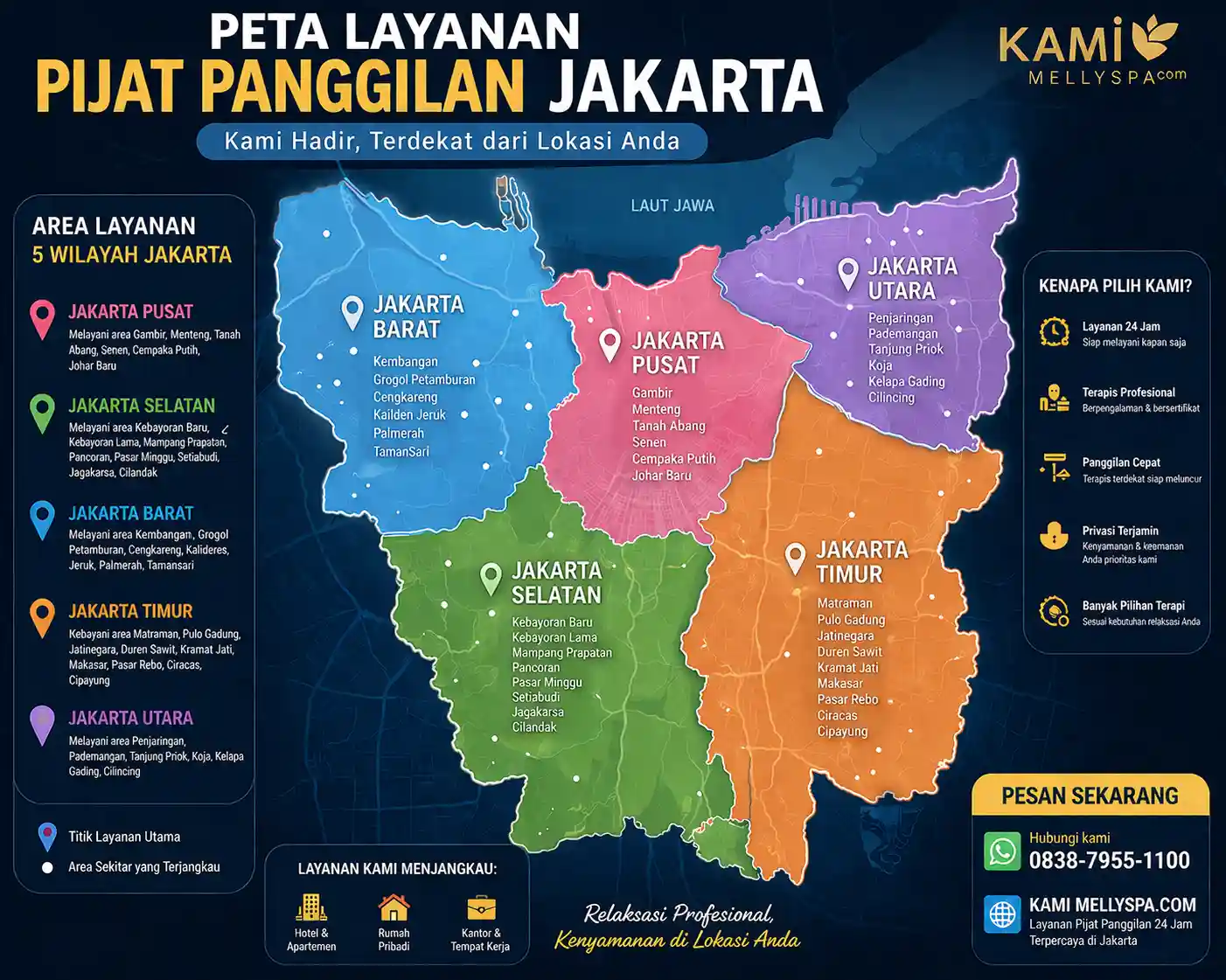 Peta Layanan Pijat Panggilan Jakarta dengan area layanan di-highlight (Pusat, Selatan, Barat, Timur, Utara)
